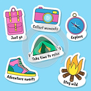 Vector flat camping stickers set of backpack, camera, compass, campfire, sneakers, tent. Summer hiking set in retro style
